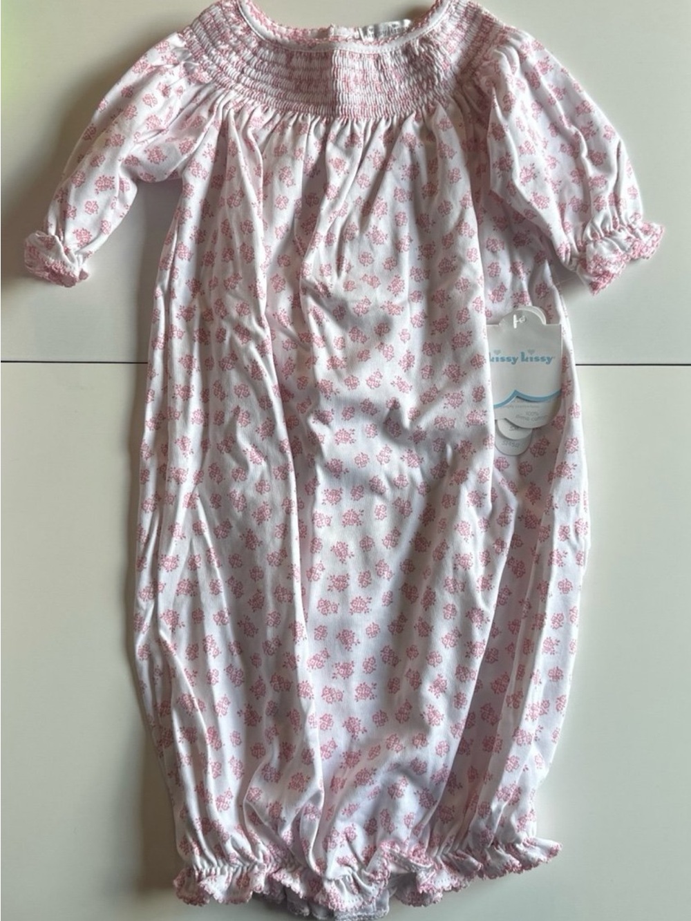 Kissy Kissy Pink Floral Pima Cotton Smocked Gown Small 0-3m